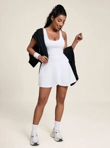 SHEIN Sports Women's Sports Romper Dress With Built-In Shorts And Pockets - White - View 5