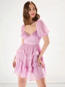 Enchnt Women's Romantic Lace Sweetheart Neckline Ruched Layered Summer Holiday Short Sleeve Pink Milkmaid Dress - Mauve Purple - View 6