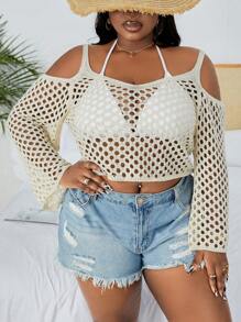 SHEIN Swim Curve Cubierta de hombro abierto de talla grande con manga larga y calado, para las vacaciones de verano en la playa - Albaricoque - Ver 2