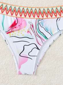 SHEIN Swim 女士波浪条纹印花比基尼套装，搭配扭曲性感胸罩和下装，海滩度假比基尼套装（随机印花）夏日海滩 - 彩色 - 查看 6