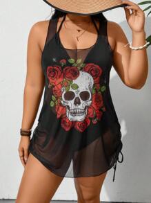 Swim SXY 夏季海滩大码女式时尚骷髅印花无袖罩衫，万圣节 - 彩色 - 查看 3