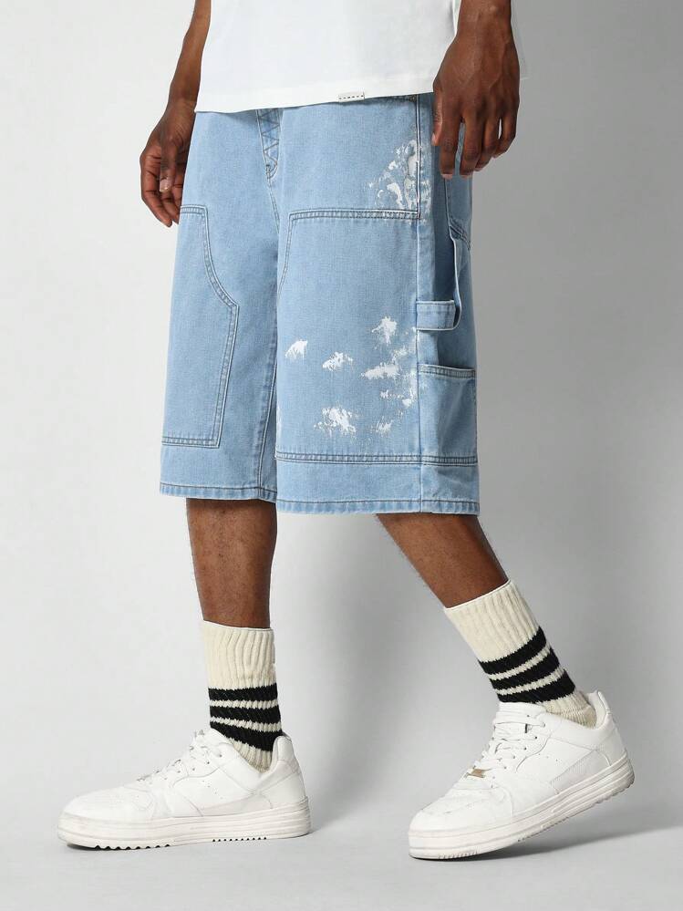 [JEMUT]★MIRO CARPENTER DENIM HALF PANTS SUMWON Denim Carpenter Jorts With Paint Print | SHEIN USA