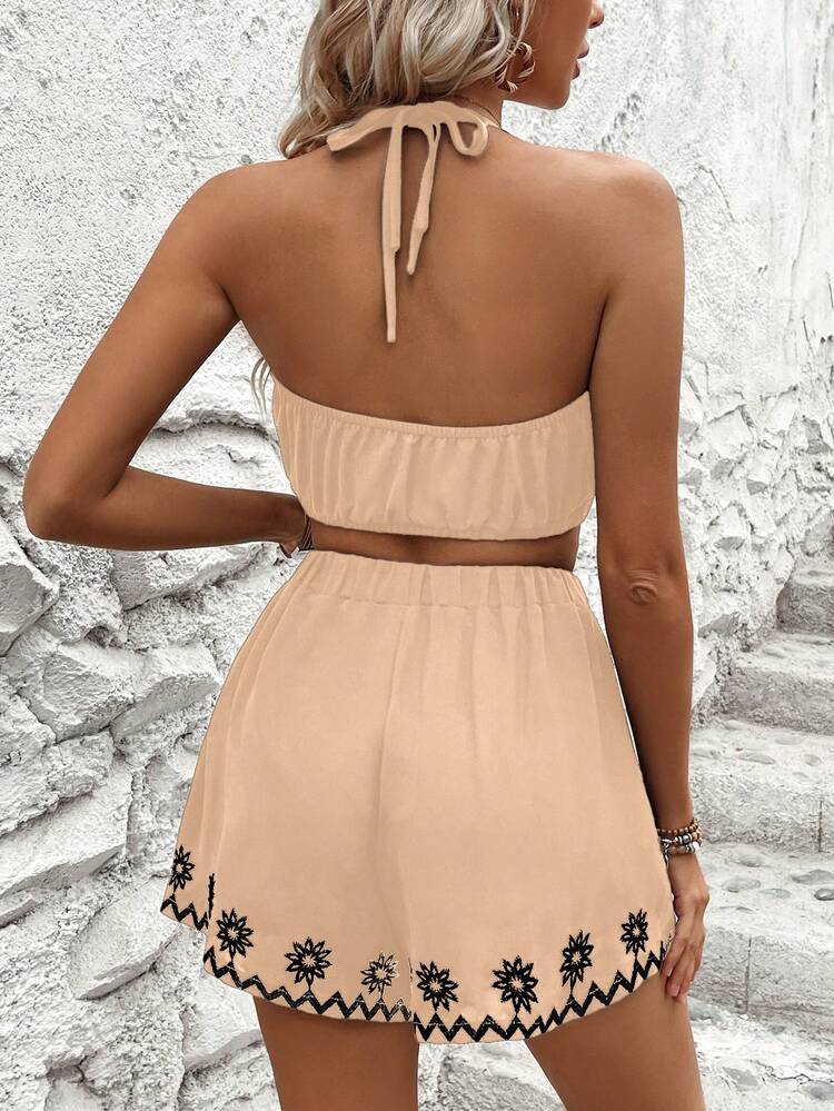 Women's Vacation Style Printed Halter Top And Shorts Set
