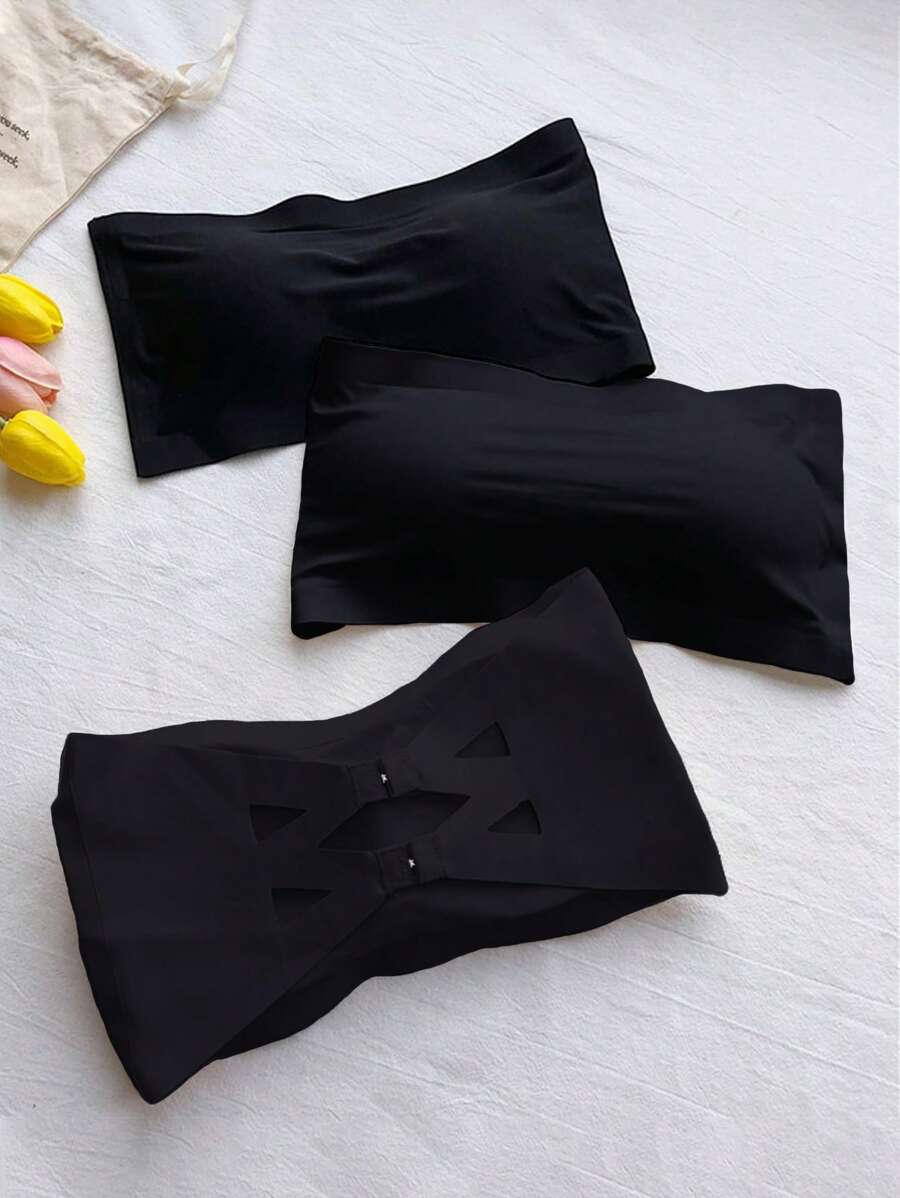 少女無肩帶包裹胸部冰絲無背心內衣,含隱形扣設計 - 黑色 - 查看 1