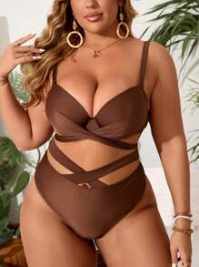 Swim Vcay Summer Beach Plus Size Women's Fashion Solid Color Criss-Cross Design Bikini Set Bathing Suit - Coffee Brown - View 1