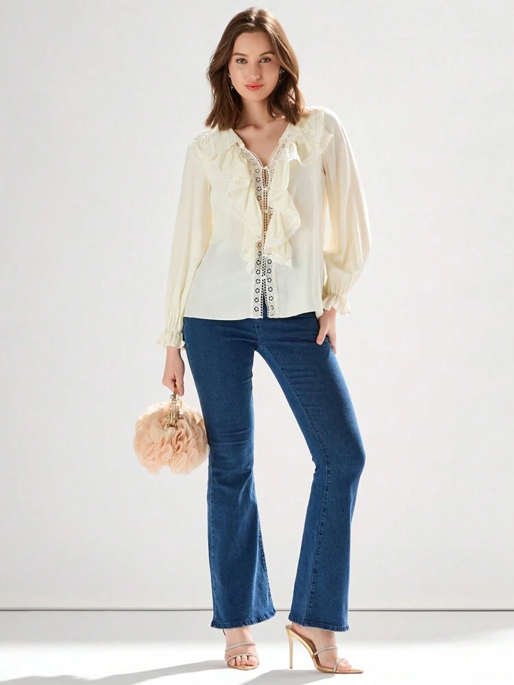 Women's Holiday Romantic Solid Color V-Neck Pleated Lace Trim Elegant Long Sleeve Embroidery Shirt For Summer