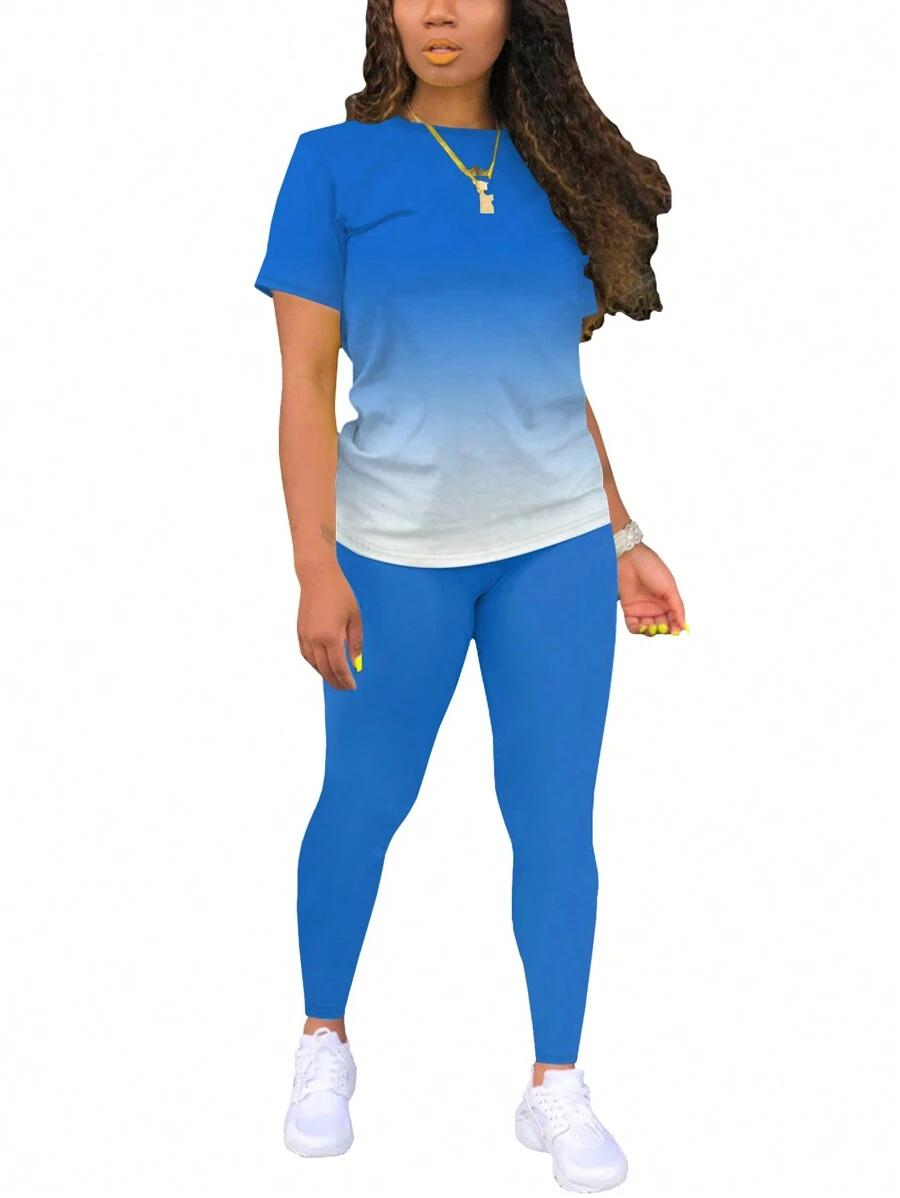 Summer Short Sleeve Ombre Printed T-Shirt And Leggings Set - Blue - View 1
