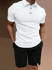 Manfinity Homme Men Stylish Solid Color Short Sleeve Polo Shirt And Shorts Set - Black and White - View 1