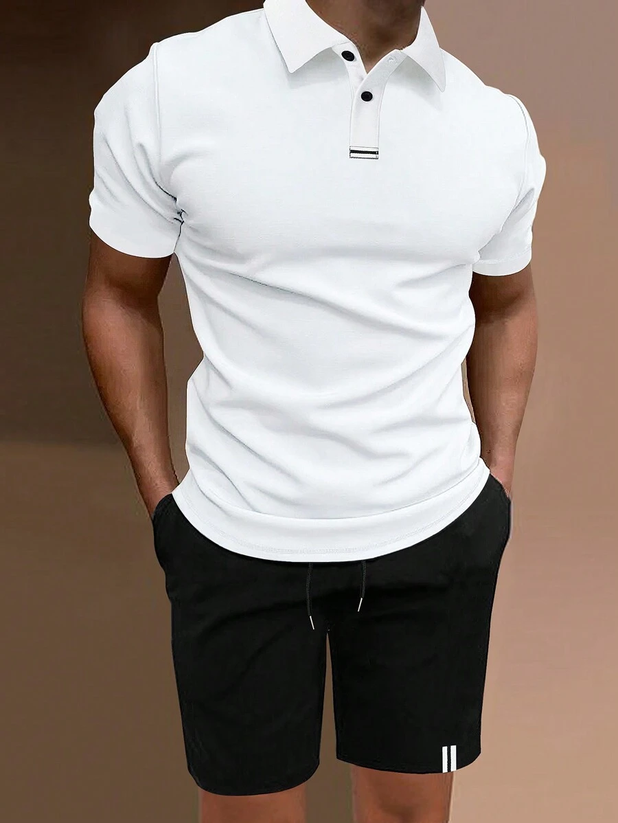Manfinity Homme Men Stylish Solid Color Short Sleeve Polo Shirt And Shorts Set - Black and White - View 1