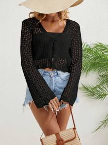 Cárdigan de manga acampanada con bordes festoneados y lazo frontal para mujer