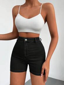 ZIRRA 女式高腰修身休闲百搭牛仔短裤 - 黑色 - 查看 4