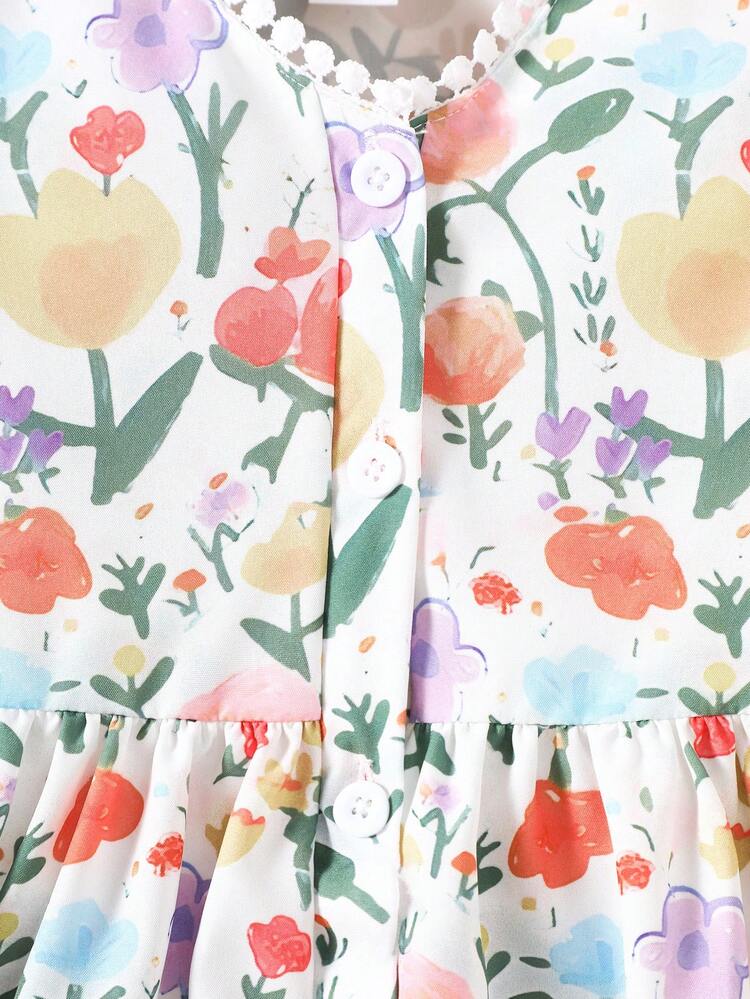 Young Girl Summer Floral Pattern Lace Trimmed Button Front Dress