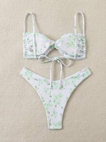SHEIN Swim Women Sexy Printed Bikini Set With Knot Front Design For Beach Vacation, All-Over Print, Random Print,Summer Beach - Green - View 2