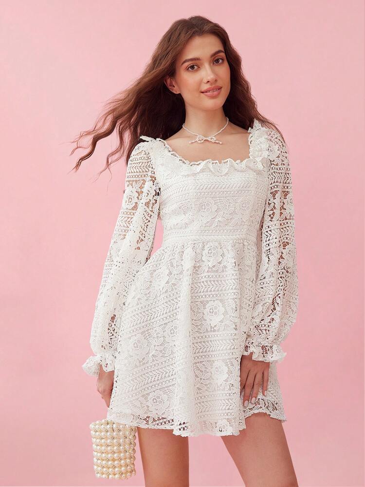 Women Holiday Summer Spring Princess  Embroidery Lace White Solid Color Tie-Waist Lantern Sleeve Milkmaid Dress,Elegant And Romantic For Graduation Party 