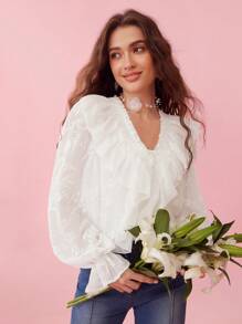 Enchnt Damska letnia wiosna elegancka wakacyjna haftowana zwykła siatkowa wzburzona romantyczna biała bluzka