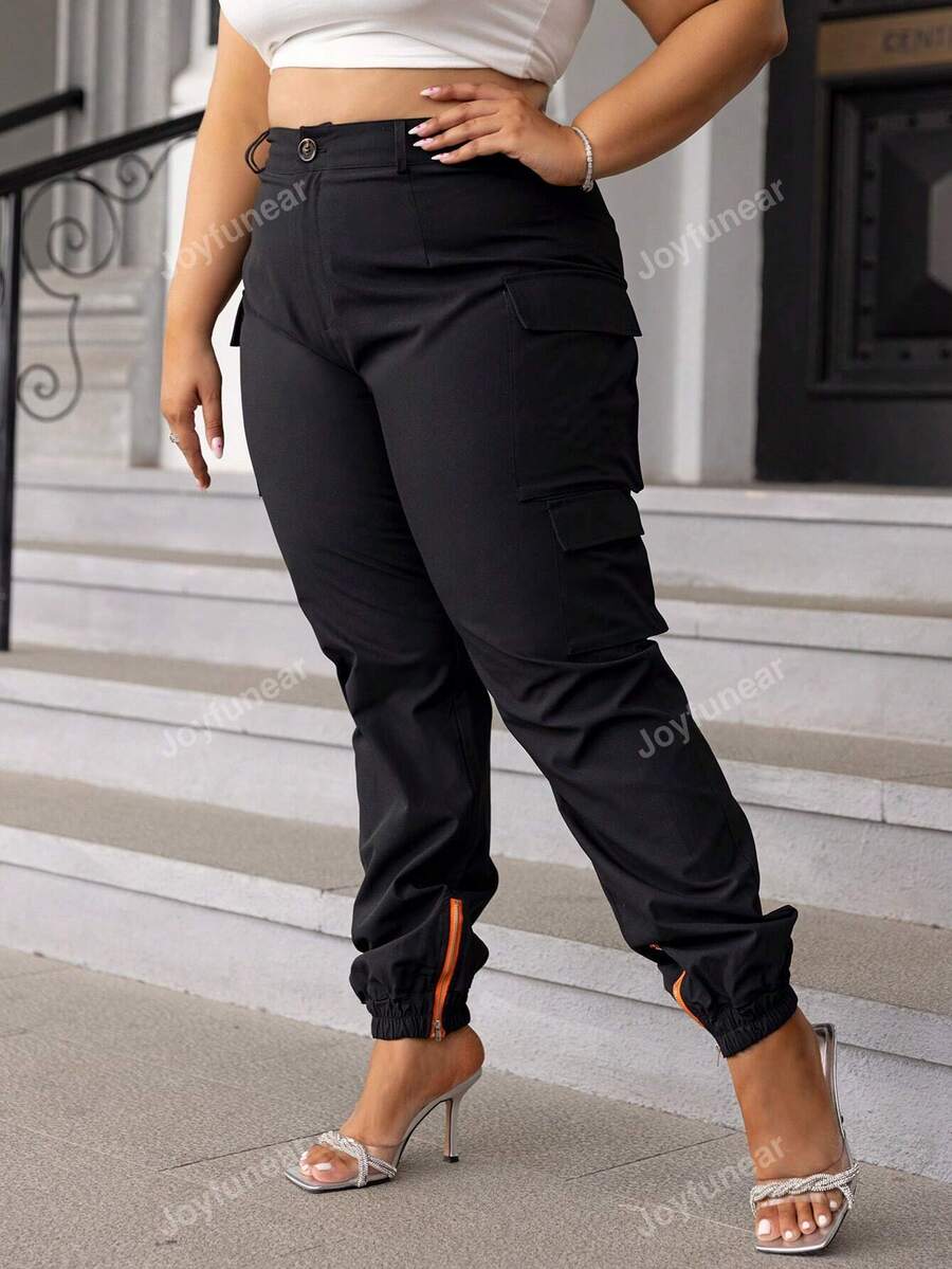 Joyfunear Plus Size Casual ZipUp Hem Pants, Versatile & Easy To Pair