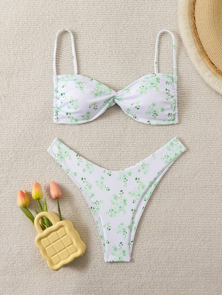 SHEIN Swim Women Sexy Printed Bikini Set With Knot Front Design For Beach Vacation, All-Over Print, Random Print,Summer Beach - Green - View 1