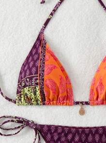 Swim Vcay Conjunto de bikini sexy de mujer de cintura alta con estampado de paisley y cuello halter con corbata para vacaciones en la playa de verano