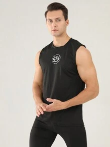 Manfinity Sport Corelite 男友风男士时尚宽松字母图案透气运动背心 - 黑色 - 查看 6
