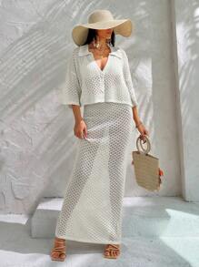 EURMUSE Women Shirt Blouse And Skirt Two Piece Outfit Cover Up Set For Summer Beach Vacation - White - View 3