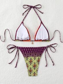 Swim Vcay Conjunto de bikini sexy de mujer de cintura alta con estampado de paisley y cuello halter con corbata para vacaciones en la playa de verano