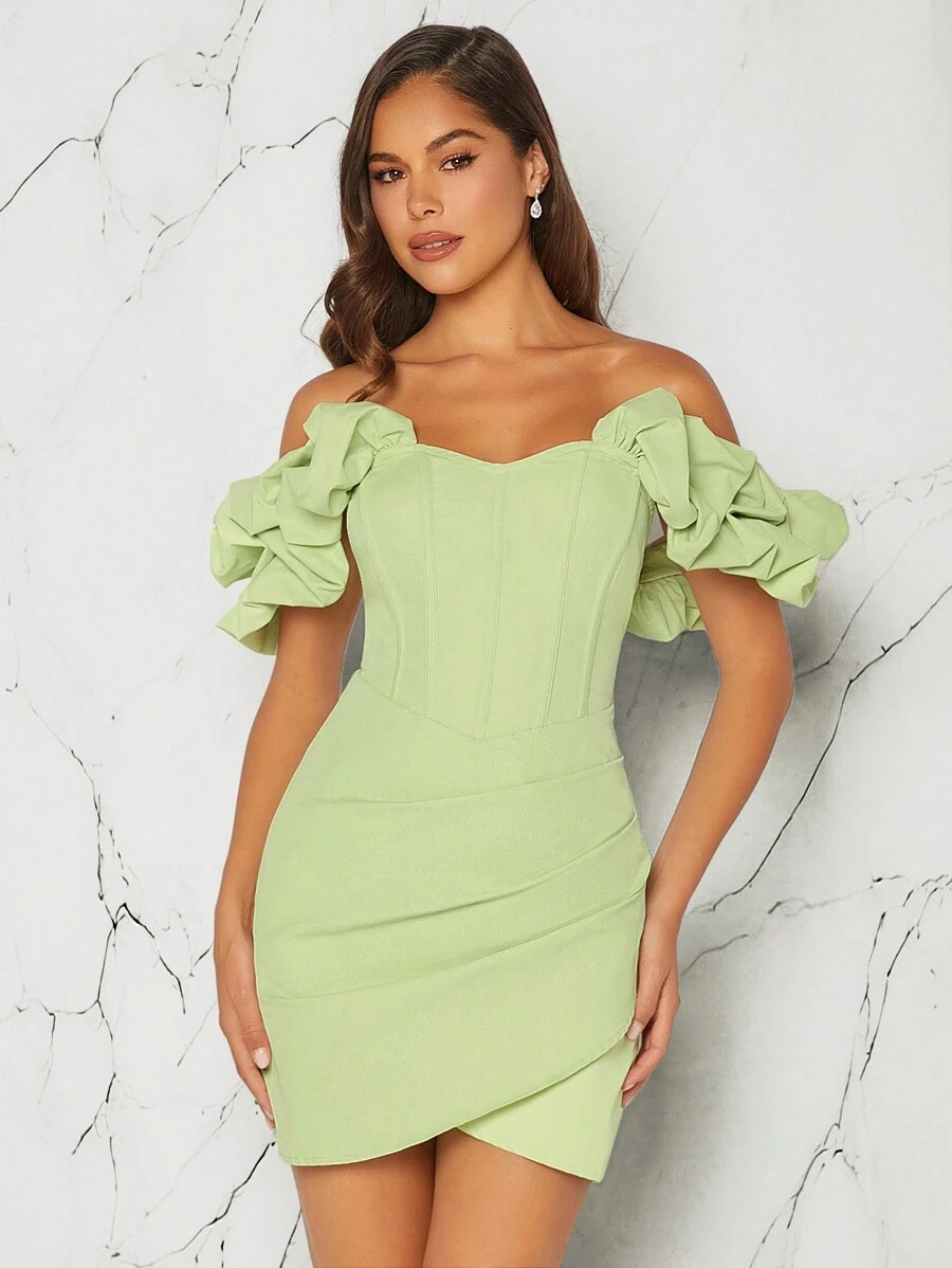 L'Amorae Solid Off Shoulder Ruffle Wrap Hem Elegant Dress - Lime Green - View 1