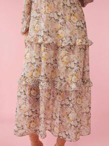 Enchnt Women Spring/Summer Floral Printed Front Tie V-Neck Lantern Sleeve Multi Layers Ruffled Hem Long Dress With Characteristic Style - Apricot - View 8
