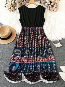 SHEIN LUNE 大尺碼假日休閒復古拼接無袖連身裙 - 彩色 - 查看 5