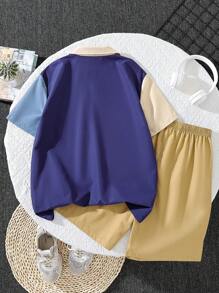 Teen Boy Color-Block Short Sleeve Top And Solid Color Shorts 2pcs Outfit