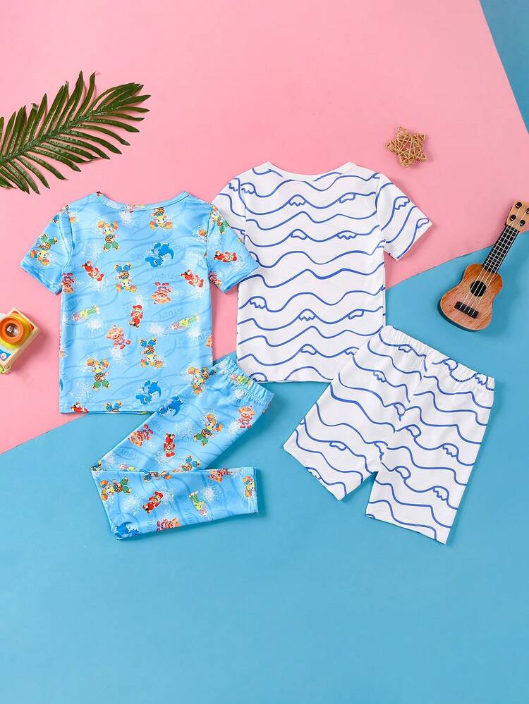 Young Boy Short Set And Pants Set, Snug Fit, For Home Wear