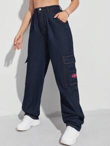 EURMUSE Patchwork Cargo Denim Pants - Navy Blue - View 5