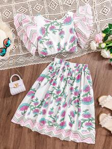 Tween Girl Floral Double-Layered Flutter-Sleeve Top And Long Skirt Two-Piece Set, Perfect For Vacation - Multicolor - View 2