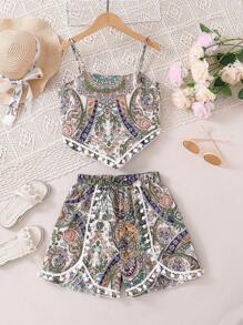 Sparklyn Tween Girl Vintage Style Printed Tank Top And Shorts Set - Green - View 1