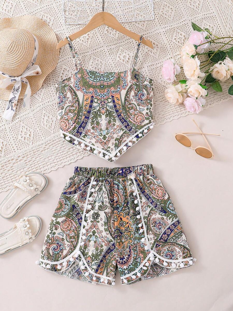 Sparklyn Tween Girl Vintage Style Printed Tank Top And Shorts Set - Green - View 1