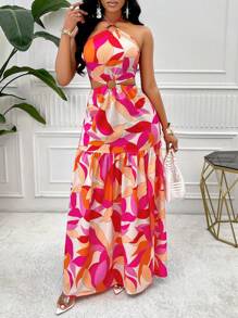 Zolique Vestido largo (estampado de flores aleatorio) para mujer con escote de cuello halter y abertura en el bajo, estampado con plantas tropicales, para vacaciones - Naranja Quemada - Ver 6