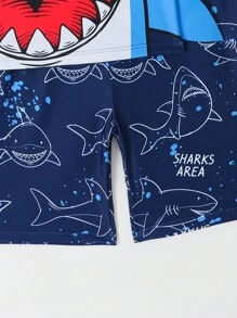 Tween Boys' Shark Printed Rash Guard Swimwear Set With Raglan Sleeves, For Christmas