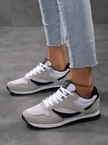 2025 秋季女款复古圆头系带舒适平底运动鞋，休闲透气，适合日常穿着、跑步、纯色运动鞋 - 黑與白 - 查看 3