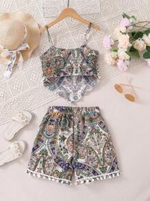 Sparklyn Tween Girl Vintage Style Printed Tank Top And Shorts Set - Green - View 2