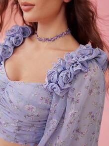 Enchnt 女士春夏季甜美短袖上衣，配有荷葉邊袖、短款下擺和花卉圖案 - 淡紫色 - 查看 8