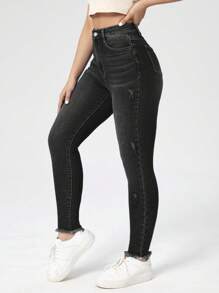 EURMUSE High Waist Cat Scratch Skinny Jeans - Black - View 5