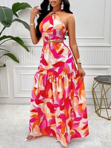 Zolique Vestido largo (estampado de flores aleatorio) para mujer con escote de cuello halter y abertura en el bajo, estampado con plantas tropicales, para vacaciones - Naranja Quemada - Ver 7