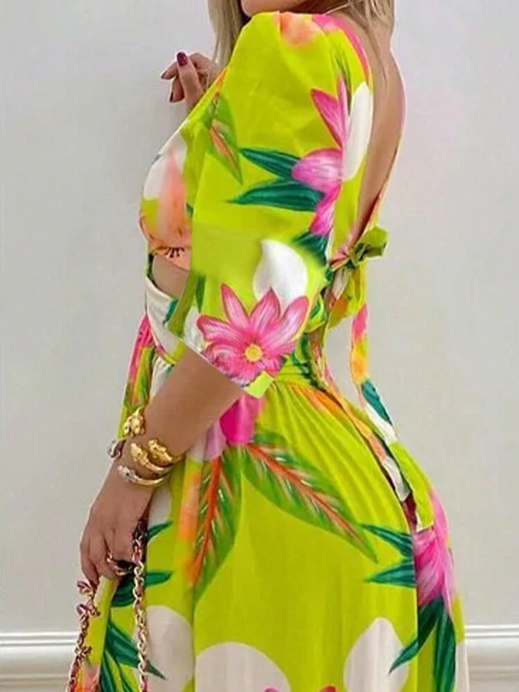 Vestido largo casual y de vacaciones con buenas vibras que revela la cintura y tiene abertura, vestido bohemio de mujer con recortes, dobladillo con volantes, abertura en el muslo, manga corta, cuello en V profundo, ajuste regular, manga abullonada larga con estampado floral y de plantas, vestidos largos de mujer tipo A, para primavera/otoño, uso diario casual, verano, vacaciones, elegante - Verde - Añade 2