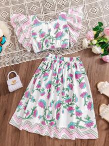 Tween Girl Floral Double-Layered Flutter-Sleeve Top And Long Skirt Two-Piece Set, Perfect For Vacation - Multicolor - View 1