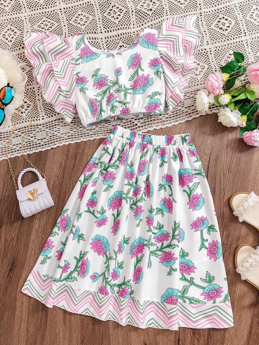 Tween Girl Floral Double-Layered Flutter-Sleeve Top And Long Skirt Two-Piece Set, Perfect For Vacation - Multicolor - View 1
