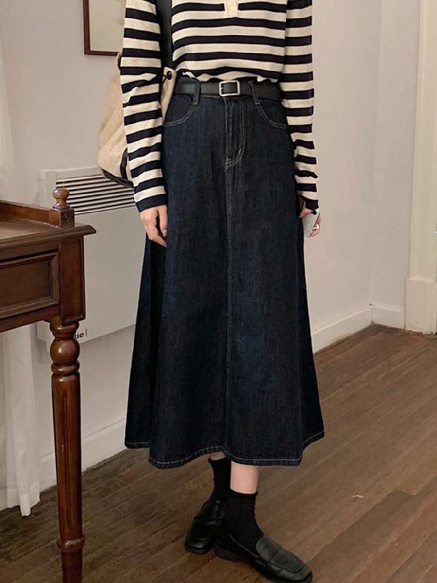 Chân váy denim trơn dáng suông túi xéo không thắt lưng, phong cách thường ngày mùa xuân. - Rửa tối - Xem 1