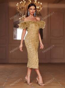 Faeriesty Faeriesty Off Shoulder Ruffle Trim Split Sequin Party Dress