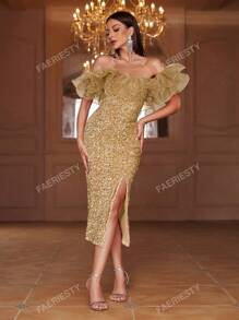 Faeriesty Faeriesty Off Shoulder Ruffle Trim Split Sequin Party Dress