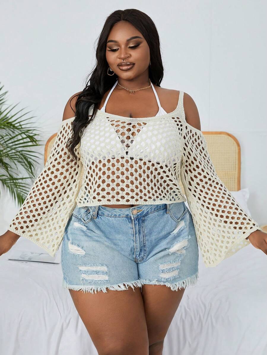 SHEIN Swim Curve Cubierta de hombro abierto de talla grande con manga larga y calado, para las vacaciones de verano en la playa - Albaricoque - Ver 1