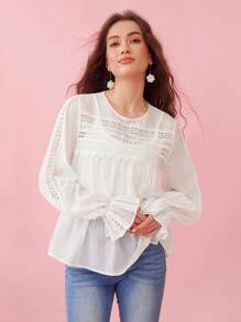 Enchnt Women Holiday Loose Lace Embroidery Splice Round Neck Bell Sleeve White Romantic Top For Spring And Summer - White - View 6