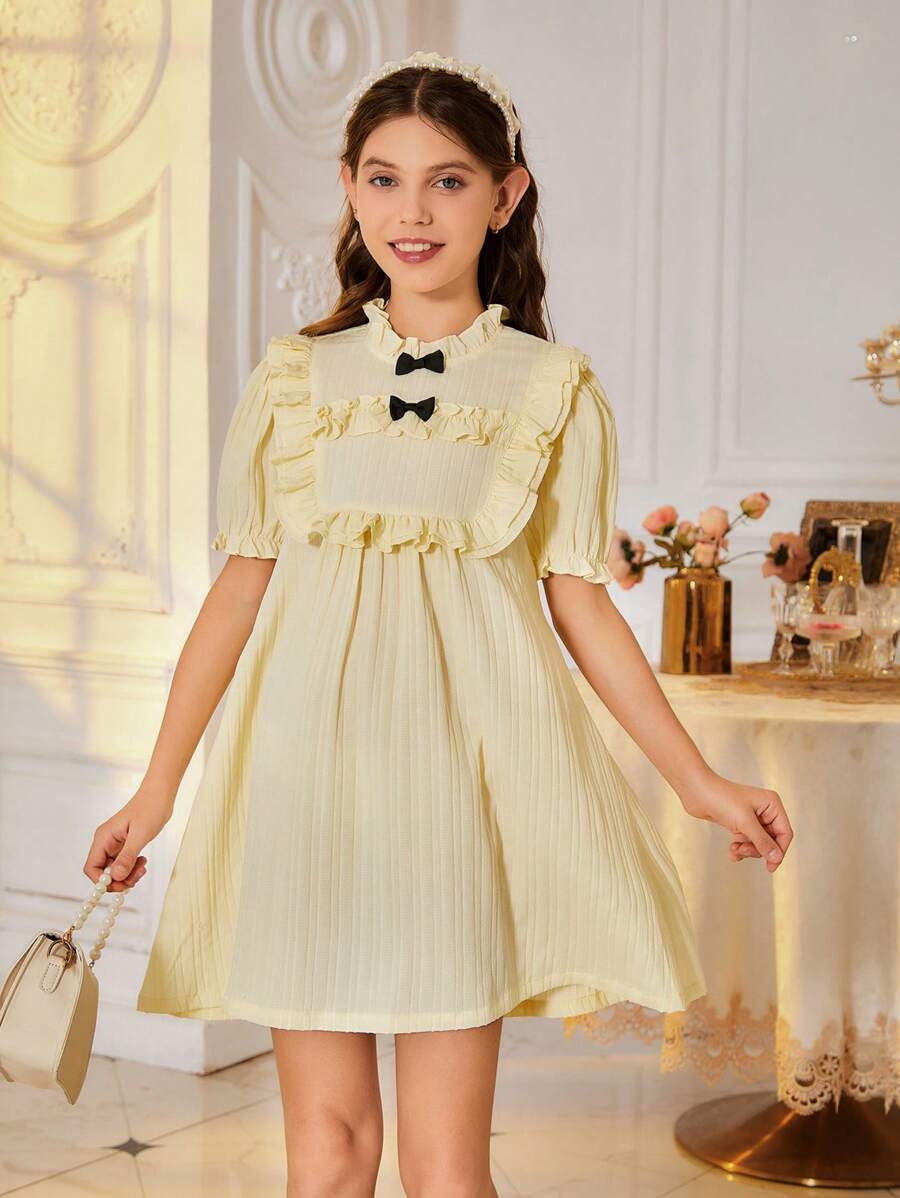Kleid mit Rüschen-Design und Schleifenverzierung für Tween-Mädchen mit plissierten Details - Aprikosenfarben - Übersicht 1